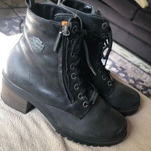 Harley-Davidson Black Leather Lace-Up Ankle Boots with Side Zip